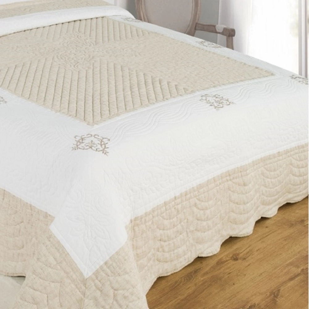 Couvre lit boutis Peaceland Lin 180x240 cm + 1 taie 65x65 cm pour lit 1 place - dessus de lit brodé 100 % coton