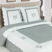 Boutis Peaceland Gris 230x250 cm - Couvre lit bicolore brodé 100 % coton + 2 taies assorties 65x65 cm, léger et élégant