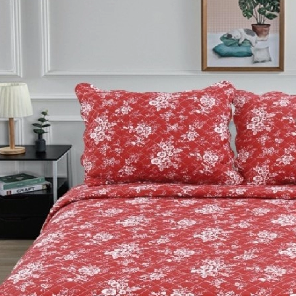 Couvre-lit Fleurs blanches sur fond rouge 220x240cm C-1-63
