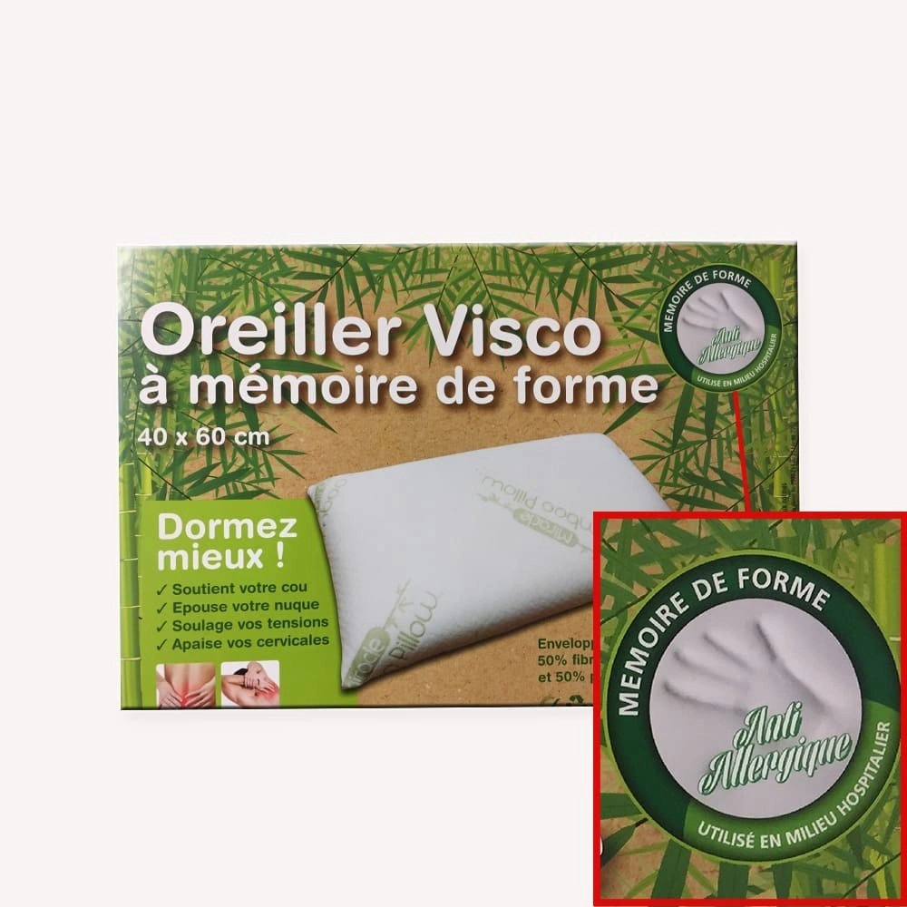 Oreiller mémoire de forme Visco 40x60 cm – Forme rectangulaire ergonomique – Enveloppe en bambou déhoussable et lavable