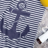 Serviette de plage Marin 100 % coton égyptien 450g/m² 90x170 cm - Drap de plage à rayures motif ancre, douceur et absorption