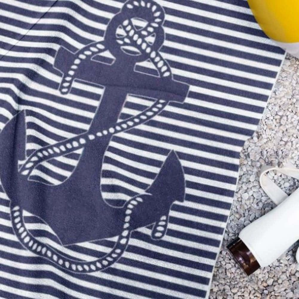 Serviette de plage Marin 100 % coton égyptien 450g/m² 90x170 cm - Drap de plage à rayures motif ancre, douceur et absorption