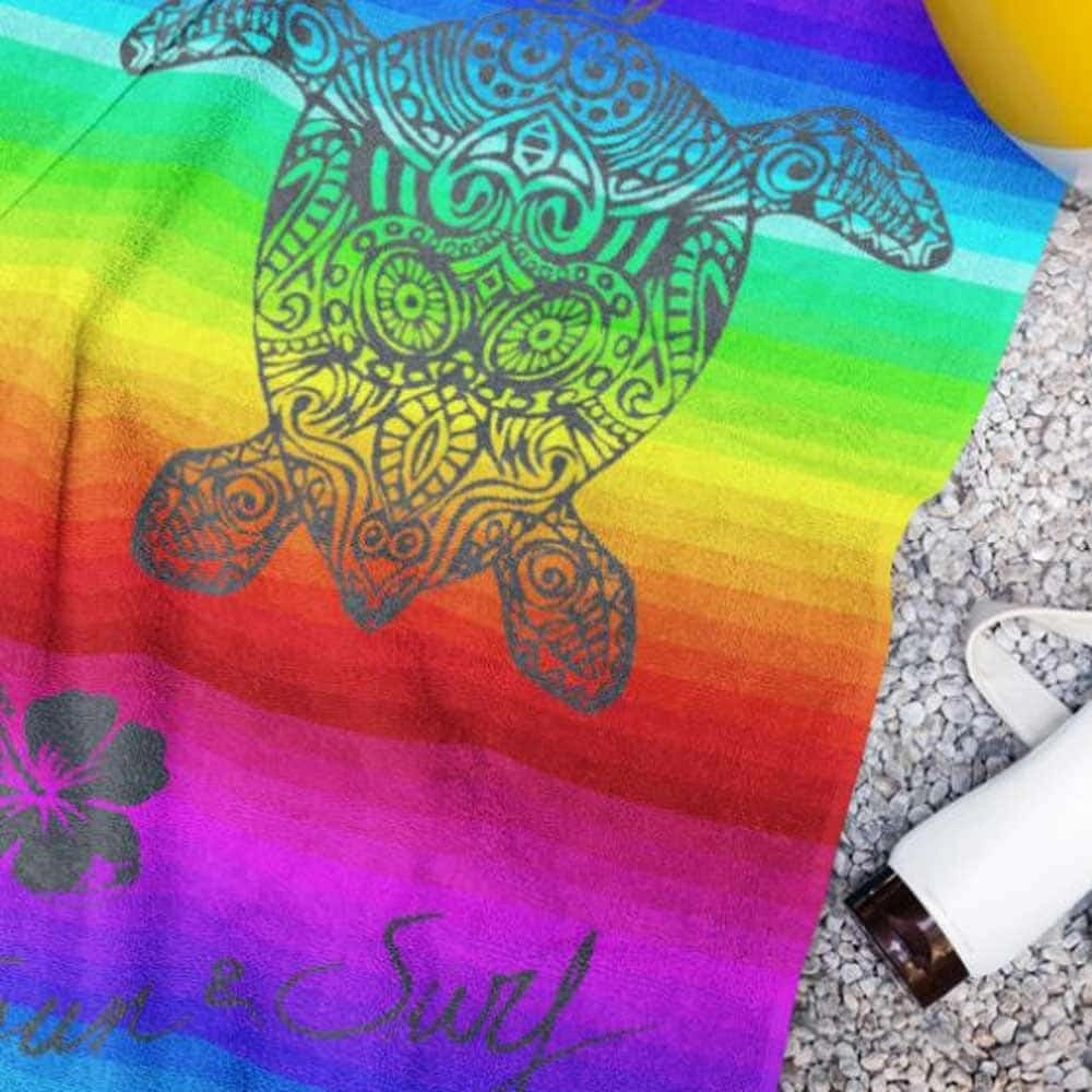 Drap de plage Tortue Multicolore 90x170 cm - Serviette de plage 100 % coton égyptien, douce et absorbante, style tribal