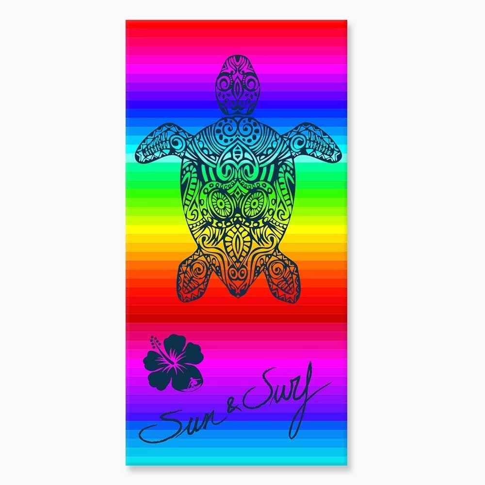 Drap de plage Tortue Multicolore 90x170 cm - Serviette de plage 100 % coton égyptien, douce et absorbante, style tribal