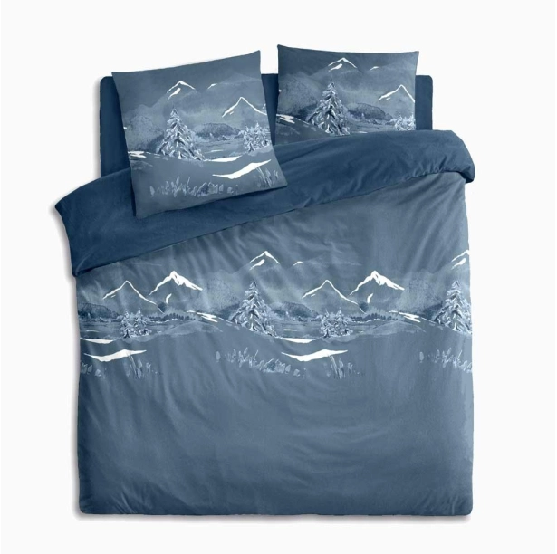 Parure de lit Nuit des Alpes - Motif montagne bleu et blanc 100 % coton, taie(s), drap housse et drap plat