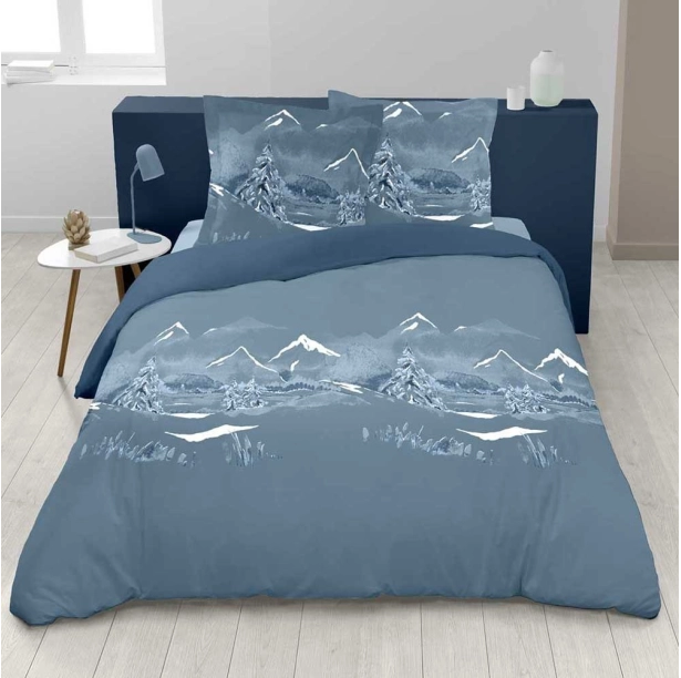 Parure de lit Nuit des Alpes - Motif montagne bleu et blanc 100 % coton, taie(s), drap housse et drap plat