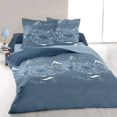Parure de lit Nuit des Alpes - Motif montagne bleu et blanc 100 % coton, taie(s), drap housse et drap plat