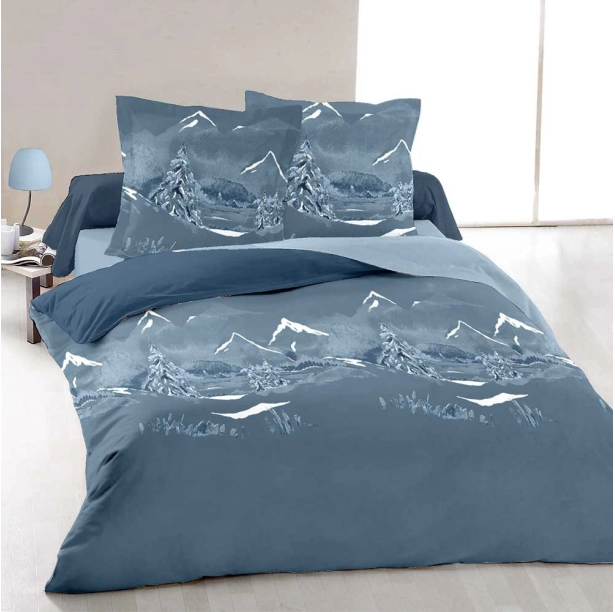 Parure de lit Nuit des Alpes - Motif montagne bleu et blanc 100 % coton, taie(s), drap housse et drap plat