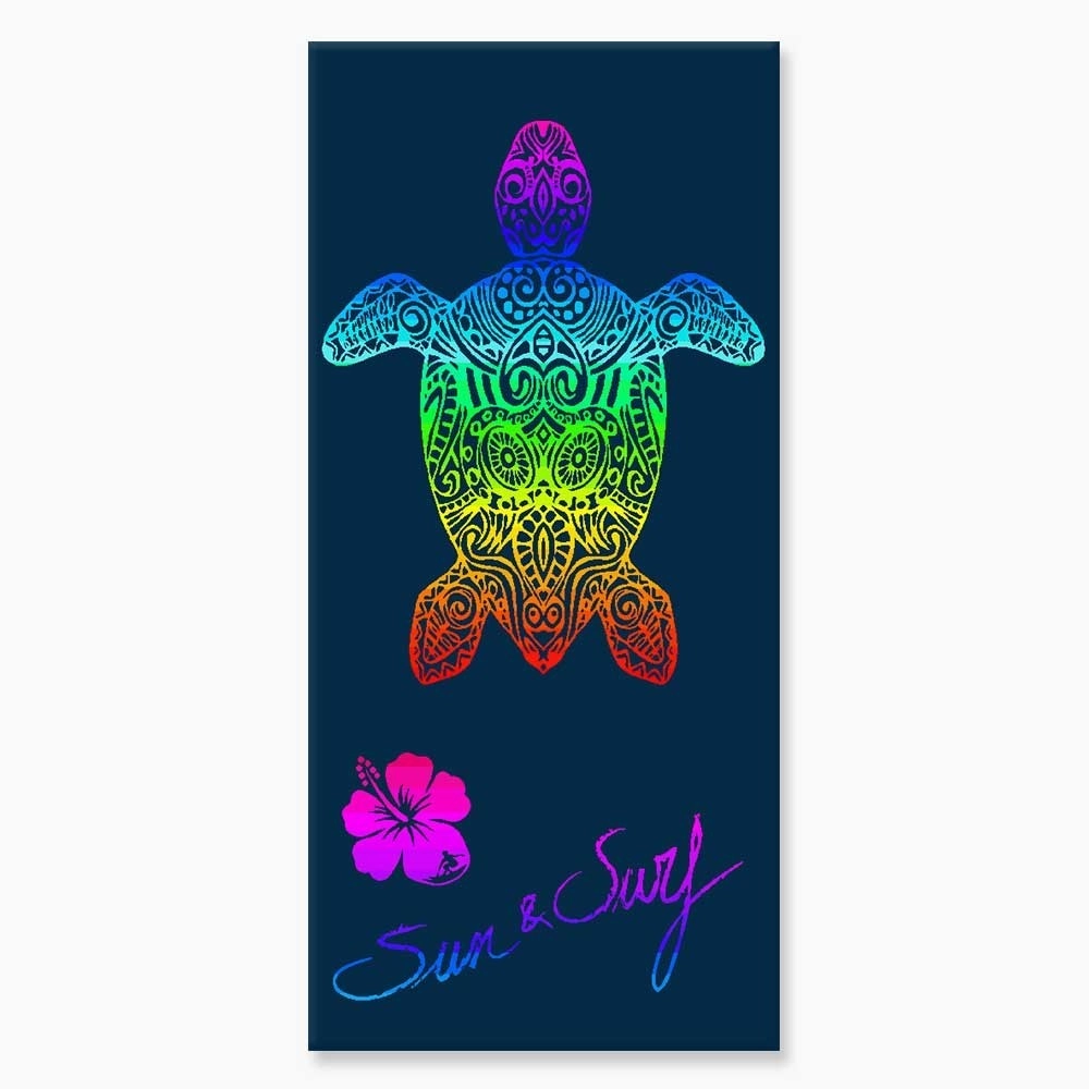 Serviette de plage tortue multicolore sur fond bleu 90x170 cm - 100% coton égyptien, confort optimal et absorption maximale