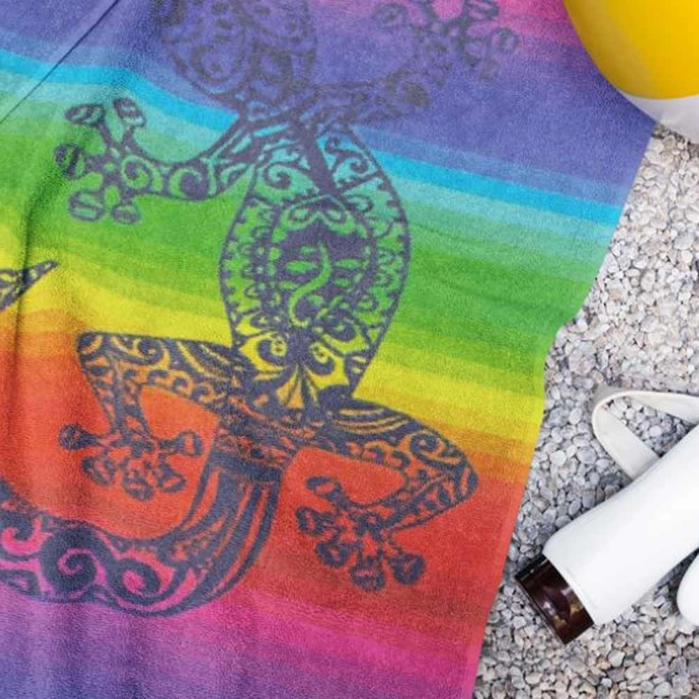 Serviette de plage Lézard 90x170 cm 100 % coton égyptien - Motif margouillat exotique multicolore, absorption optimale