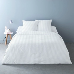 Housses de Couette Unies rayées Pur Satin de Coton 78 fils + 2 taies 65x65 cm – Doux et Respirant – Finition Boutons
