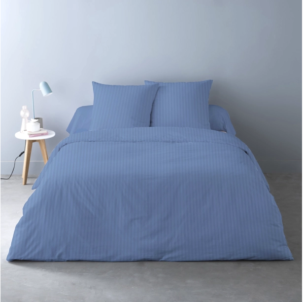 Housses de Couette Unies rayées Pur Satin de Coton 78 fils + 2 taies 65x65 cm – Doux et Respirant – Finition Boutons