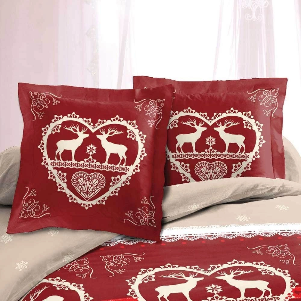 Housse de couette Winter Rouge 240x220 cm 100 % coton + 2 taies 65x65 cm - Parure ambiance chalet savoyard, finition rabat