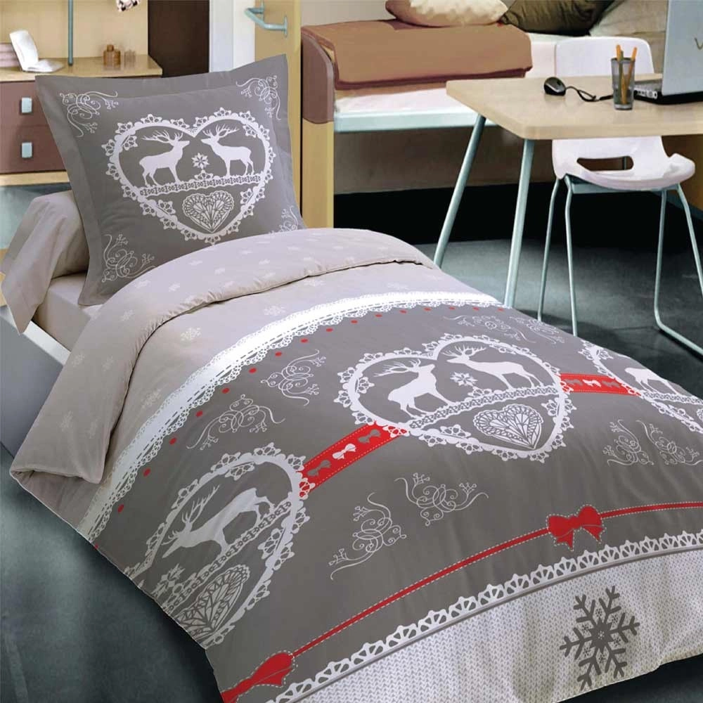 Housse de couette 1 place Chalet Winter Gris 140x200 cm + 1 taie - 100 % coton 57 fils, ambiance montagne, finition rabat
