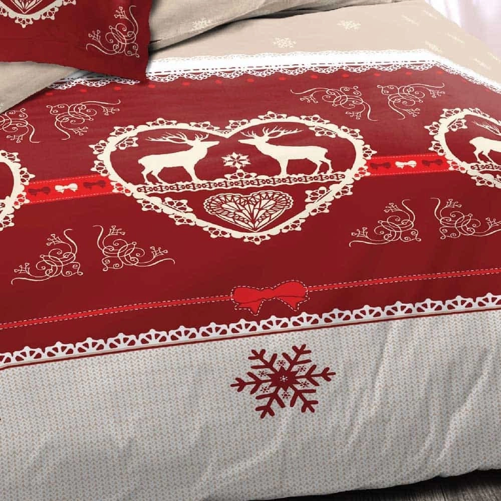 Parure de draps Chalet Winter Rouge 140x190 cm 100% coton -  4 pièces drap plat, dtrap housse et 2 taies, inspiration savoyarde