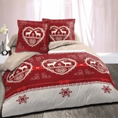 Parure de draps Chalet Winter Rouge 140x190 cm 100% coton -  4 pièces drap plat, dtrap housse et 2 taies, inspiration savoyarde