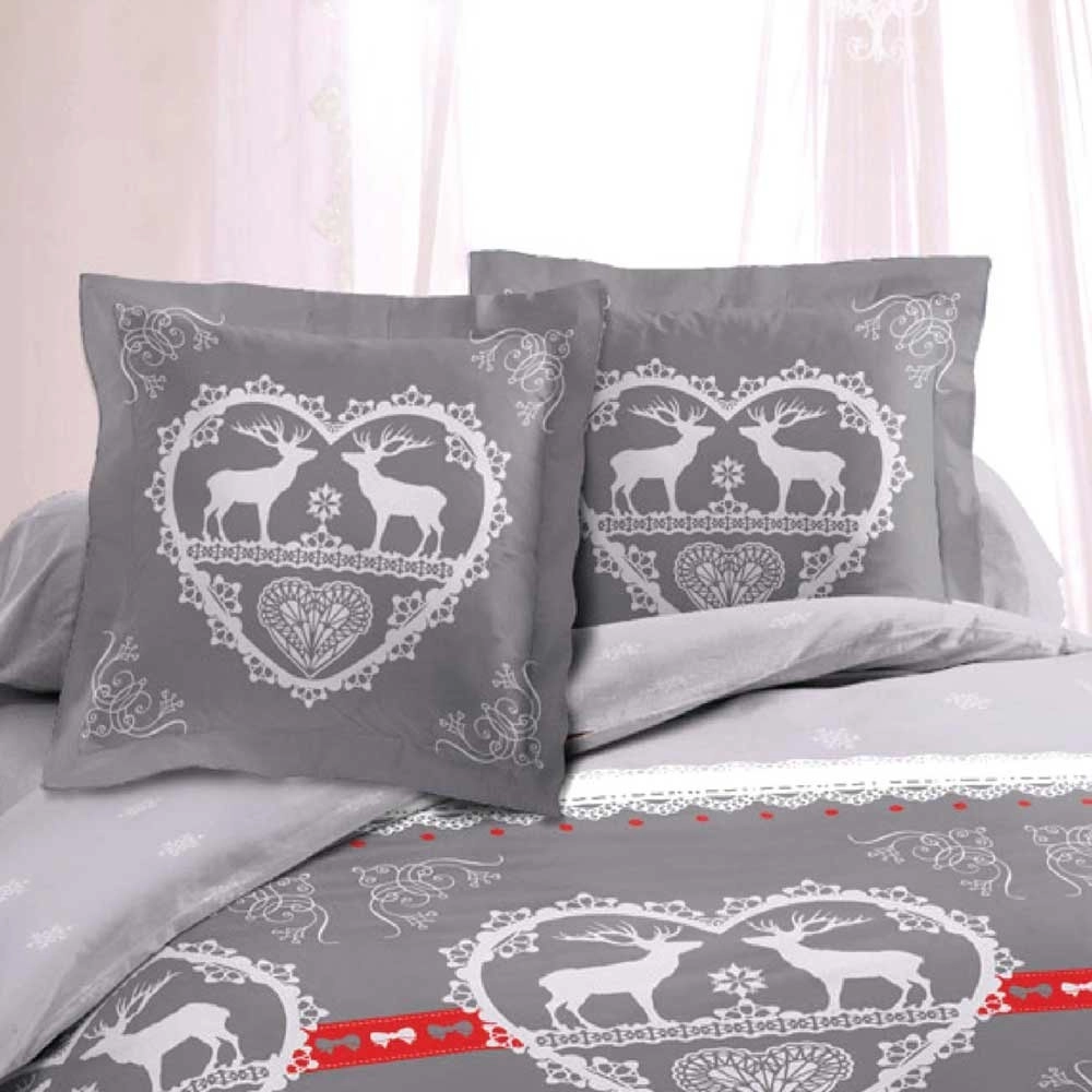 Parure de draps Chalet Winter Gris 160x200 cm - 100 % coton 57 fils, 4 pièces drap plat, drap housse et 2 taies, esprit Montagne