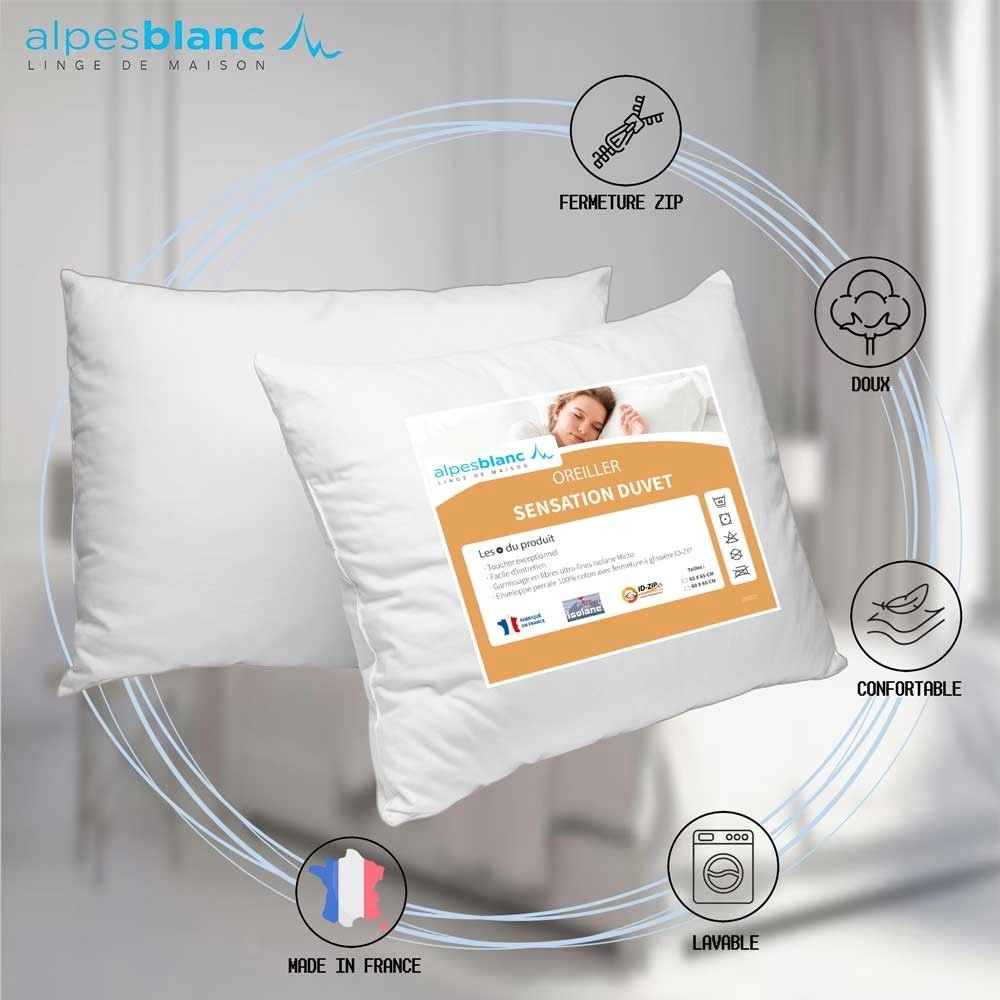 Oreiller Sensation Duvet Moelleux et Gonflant, Confort Hôtel – Enveloppe 100% Coton – Fabrication Française – Lavable – 65x65 cm
