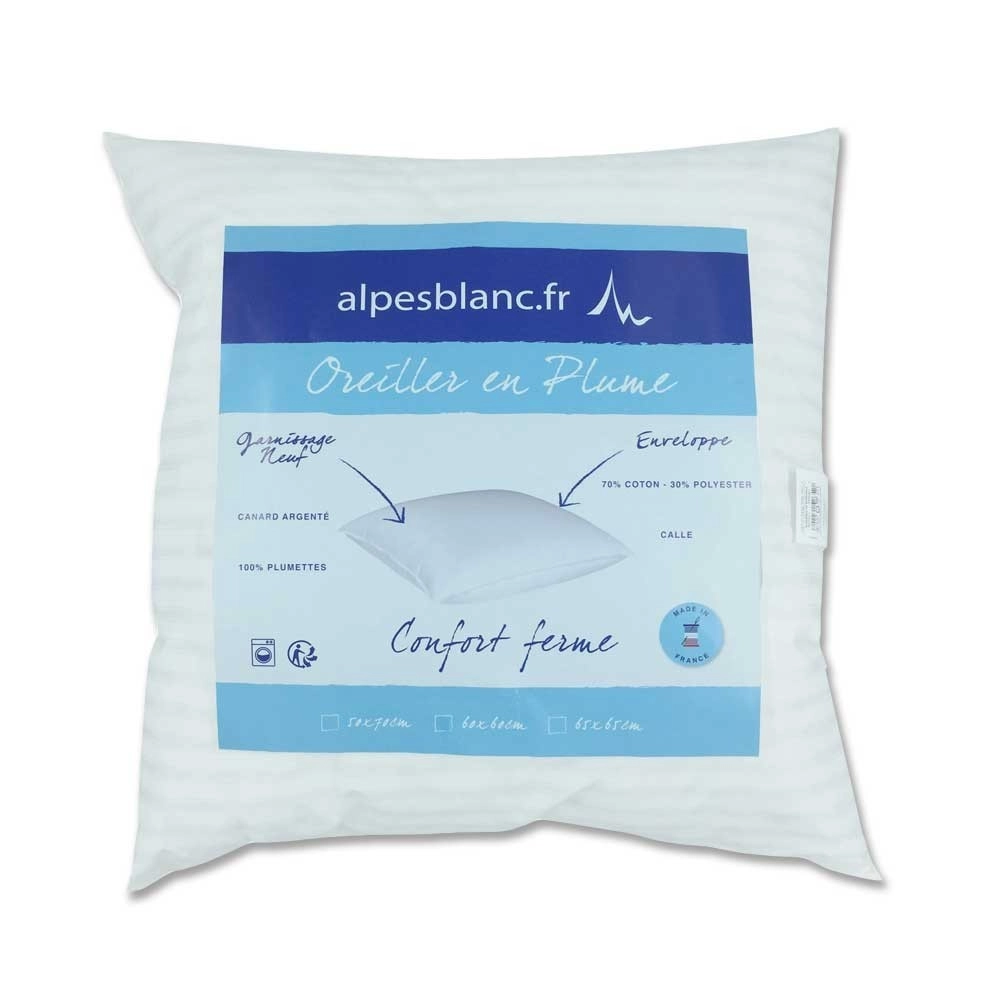 Oreiller naturel 60x60 cm 100% plumettes Fabriqué en France – Traitement antiacarien – Soutien des cervicales et de la nuque