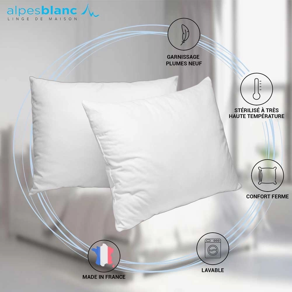 Pack 4 pièces : 2 Oreillers Naturels en Plume + 2 sous taies Coton - Fabrication Française – Anallergique – Confort moelleux