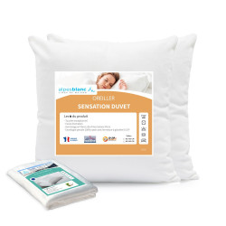 Pack 4 pièces deux oreillers sensation duvet avec 2 sous-taies en coton