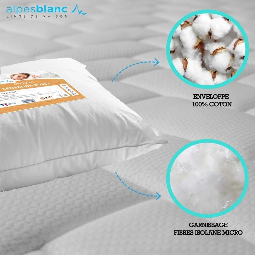 Pack 4 pièces : 2 oreillers Sensation Duvet + 2 sous-taies coton – Fabrication française – Confort et douceur – Lavables