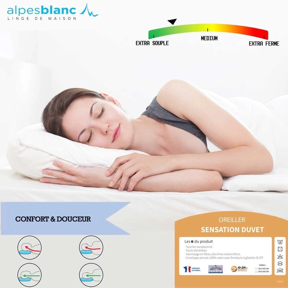 Pack 4 pièces : 2 oreillers Sensation Duvet + 2 sous-taies coton – Fabrication française – Confort et douceur – Lavables