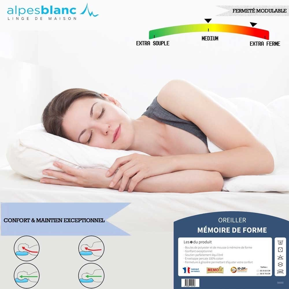 Lot de 2 Oreillers Mémoire de Forme – Soutien Cervical & Gonflant Durable + 2 Sous-Taies Coton Respirant – Fabrication Française