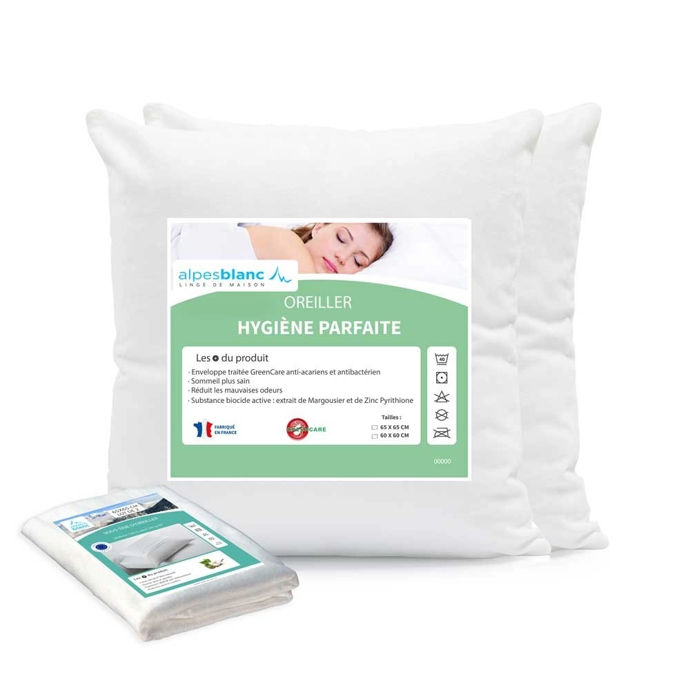 Pack de 2 oreillers anti-acariens + 2 sous-taies coton 60x60 cm - Fabrication française