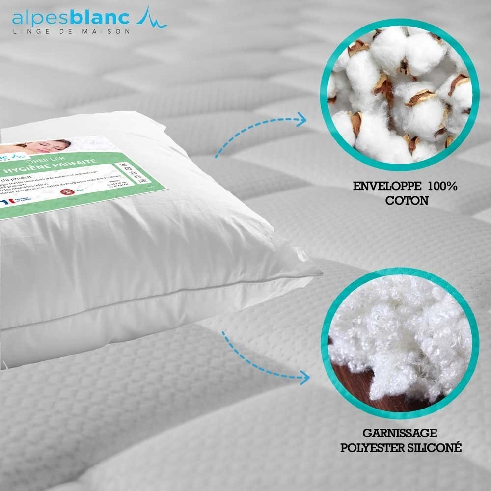 Pack de 2 oreillers anti-acariens + 2 sous-taies coton 60x60 cm - Fabrication française