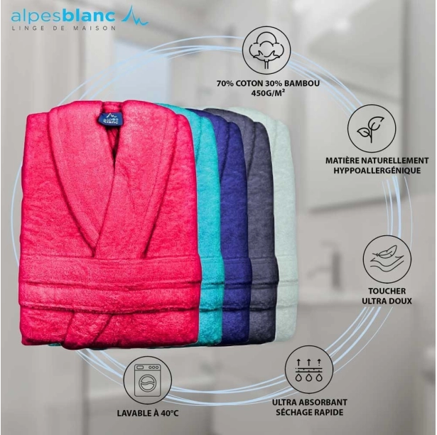 Peignoir de bain à col châle 70% coton et 30% bambou 450 g/m² - Doux et ultra-absorbant – hypoallergénique – Coupe mixte