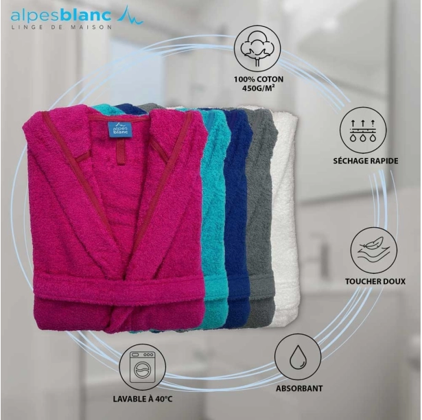 Peignoir de bain mixte à capuche 100% coton éponge bouclette 450g/m² - Absorbant, doux et confortable – Ceinture et poches