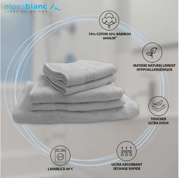 Lot de 5 serviettes de bain 600 g/m² en coton et bambou - Ultra-douces et absorbantes, qualité premium, anti-bactériennes