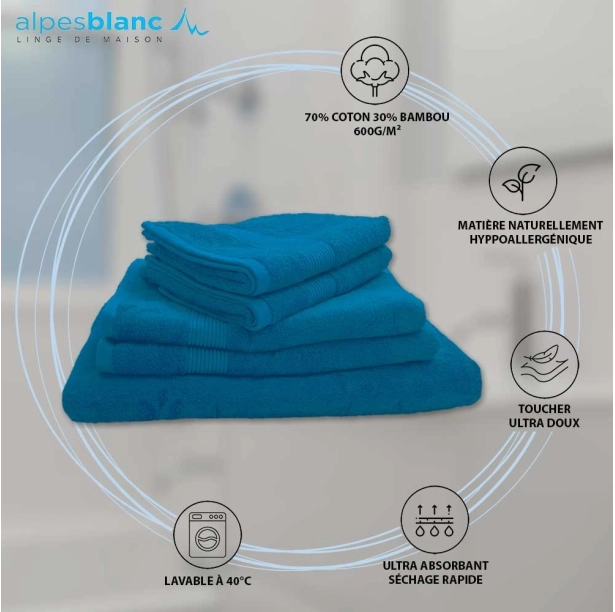 Lot de 5 serviettes de bain 600 g/m² en coton et bambou - Ultra-douces et absorbantes, qualité premium, anti-bactériennes