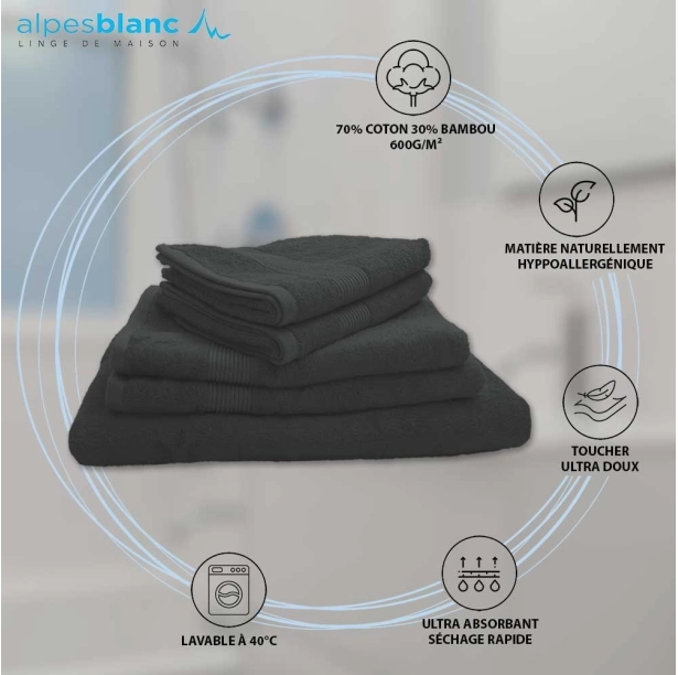 Lot de 5 serviettes de bain 600 g/m² en coton et bambou - Ultra-douces et absorbantes, qualité premium, anti-bactériennes