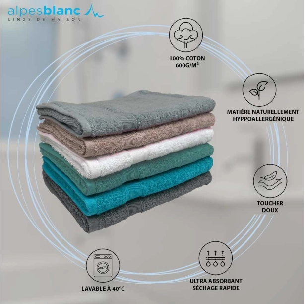 Lot de 2 serviettes de bain 50x100 cm - Serviettes de toilette éponge 600 g/m² 100 % coton, absorbantes, douces et durables
