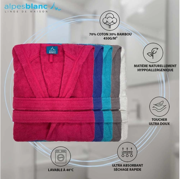 Peignoir de bain avec capuche 450 g/m² – 70% Coton peigné, 30% Bambou – Ultra doux, confortable et absorbant – hypoallergénique