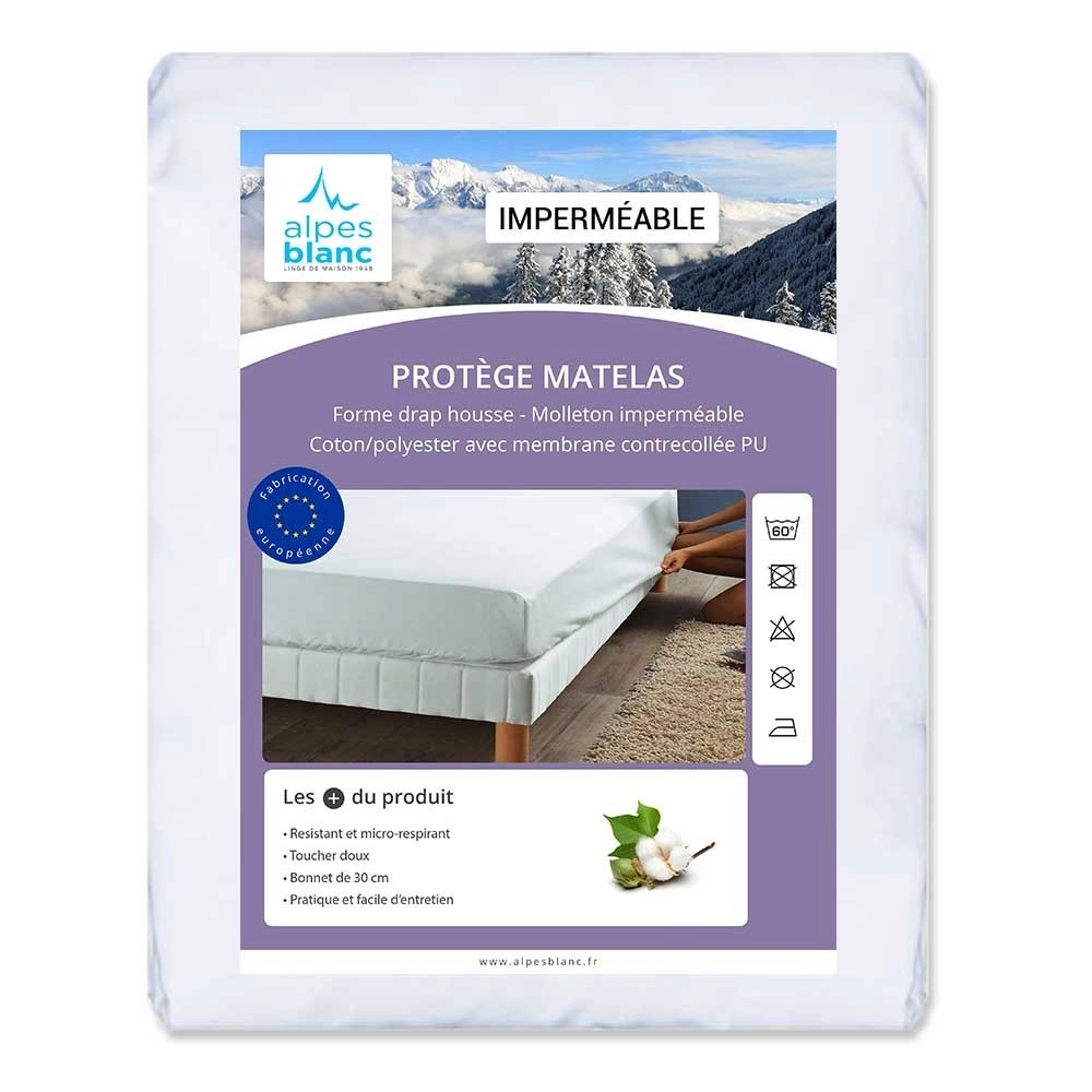 Protège matelas imperméable molleton coton/polyester contrecollé PU forme drap housse, micro-respirant, absorbant, bonnet 30 cm