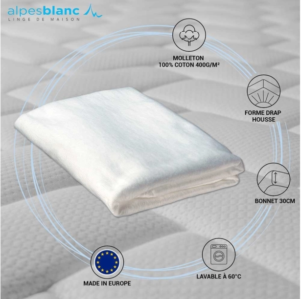 Protège matelas molleton 400 g/m² pour lit électrique - 100 % coton, forme drap housse en H, bonnet 30 cm, qualité durable