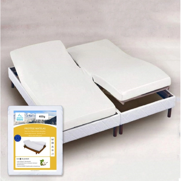 Protège Matelas coton 400 g/m² - Alèse forme drap housse en H pour lit articulé, molleton absorbant, confort doux