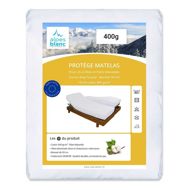 Protège Matelas coton 400 g/m² - Alèse forme drap housse en H pour lit articulé, molleton absorbant, confort doux