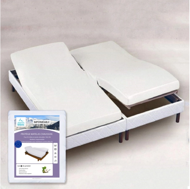 Protège Matelas imperméable pour lit articulé - Drap housse forme H spéciale lit électrique, film PU respirant, bonnet 30 cm