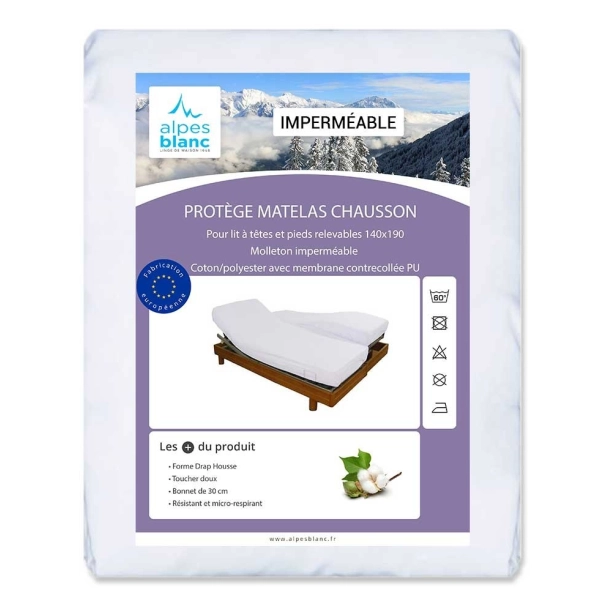 Protège-matelas imperméable forme drap housse spécial lit articulé - micro-respirant avec film polyuréthane, grand bonnet