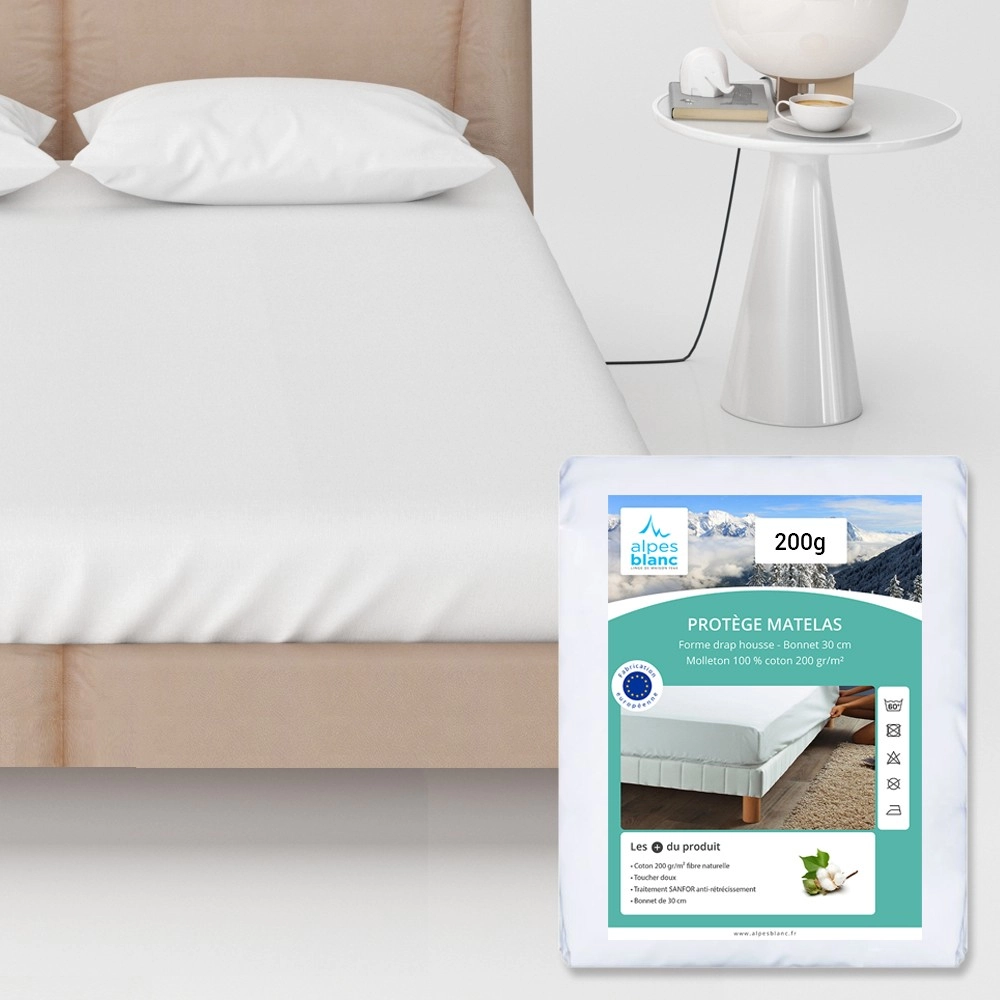 Protège matelas 100 % coton 200 g/m² 120x190 cm - Molleton doux, anti-rétrécissement SANFOR, bonnet 30 cm