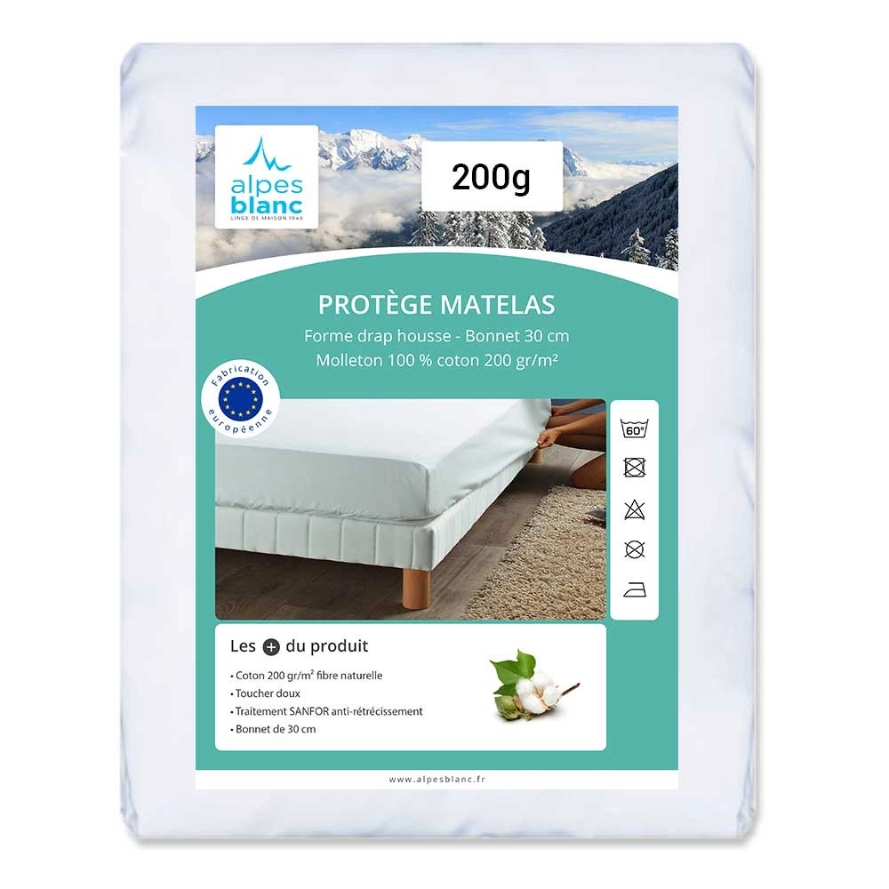 Protège matelas 100 % coton 200 g/m² 90x190 cm - Molleton doux, forme drap housse, bonnet 30 cm, résistant au lavage