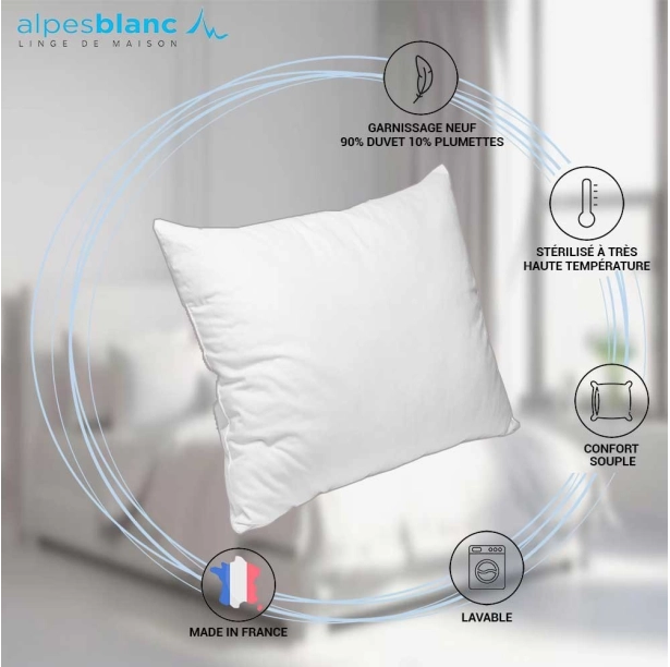Oreiller naturel 90 % duvet - Fabrication Française haut de gamme - Ultra-léger et moelleux, confort 5 étoiles, anti-acariens