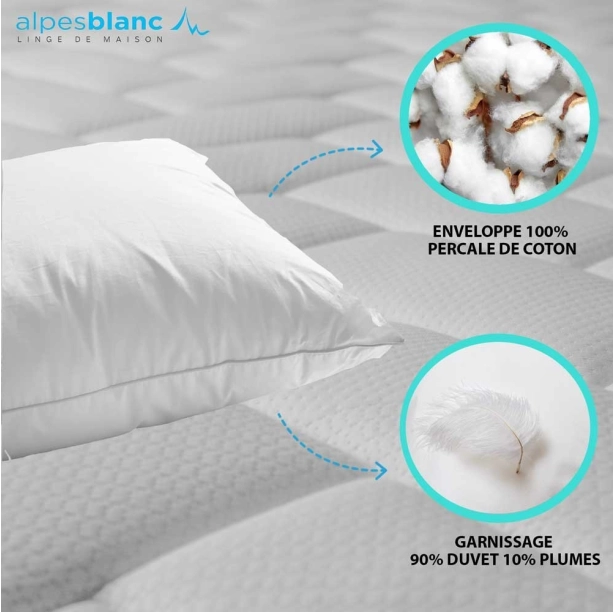 Oreiller naturel 90 % duvet - Fabrication Française haut de gamme - Ultra-léger et moelleux, confort 5 étoiles, anti-acariens