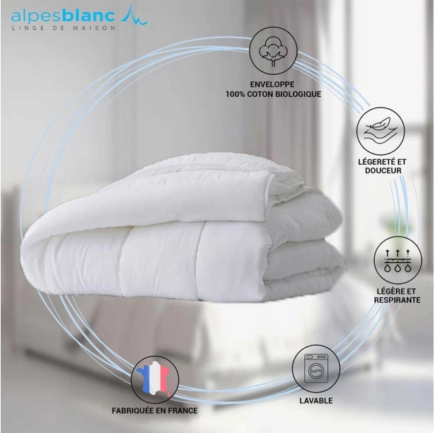 Couette été Éco légère 200 g/m² Fabriquée en France - Enveloppe 100% coton bio - Respirante, fine et durable