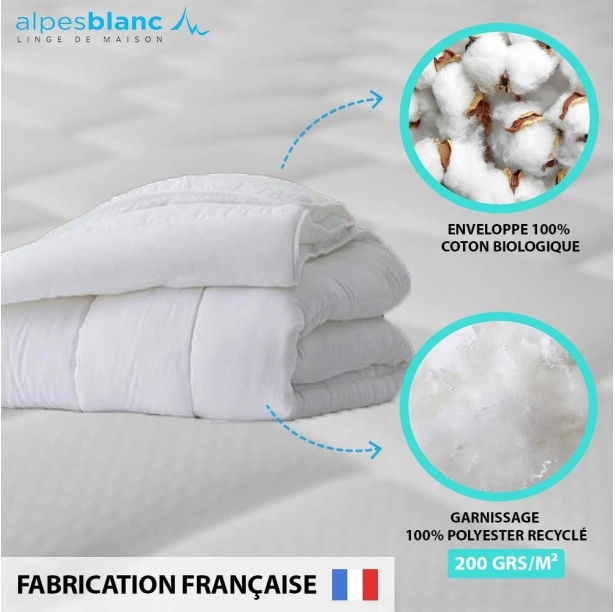 Couette été Éco légère 200 g/m² Fabriquée en France - Enveloppe 100% coton bio - Respirante, fine et durable