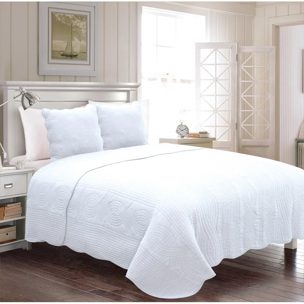 Couvre lit blanc 2 personnes 230x250 cm + 2 taies - Boutis 100% coton - Piquage en vagues